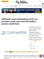Cliffwater caps redemptions at 5% as investors seek exits from $31 billion private credit fund