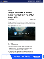 Google ups stake in Bitcoin miner TeraWulf to 14%, WULF jumps 13%