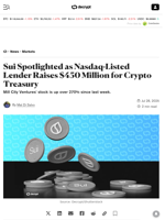 Sui Spotlighted as Nasdaq-Listed Lender Raises $450 Million for Crypto Treasury - Decrypt