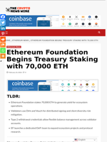Ethereum Foundation Begins Treasury Staking with 70,000 ETH - The Crypto News Wire