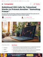 Robinhood CEO Calls for Tokenized Stocks to Prevent Another 