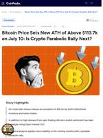 Bitcoin Price Sets New ATH of Above $113.7k on July 10: Is Crypto Parabolic Rally Next?