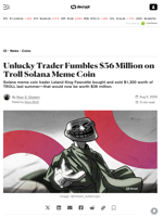 Unlucky Trader Fumbles $36 Million on Troll Solana Meme Coin - Decrypt