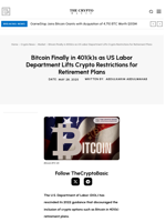 Bitcoin Finally in 401(k)s as US Labor Department Lifts Crypto Restrictions for Retirement Plans