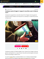 Coinbase wants Oregon AG case in federal court