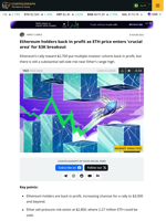 Ethereum holders back in profit as ETH price enters 'crucial area' for $3K breakout