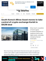 South Korea's Mirae Asset moves to take control of crypto exchange Korbit in $92M deal
