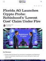 Florida AG Launches Crypto Probe: Robinhood’s 'Lowest Cost' Claim Under Fire