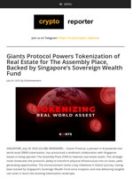 Giants Protocol Powers Tokenization of Real Estate for The Assembly Place, Backed by Singapore’s Sovereign Wealth Fund