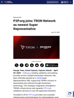 P2P.org joins TRON Network as newest Super Representative