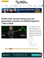 Nvidia CEO Jensen Huang says AI-generated commits on GitHub tripled to 1.4B in 2026