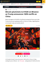 Trump Announces 100% Tariffs on China, Bitcoin Melts Below $110,000
