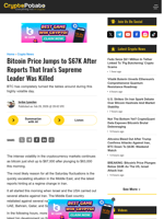 Bitcoin Price Jumps to $67K After Reports That Iran's Supreme Leader Was Killed