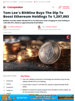 Tom Lee's BitMine Buys The Dip To Boost Ethereum Holdings To 1,297,093 - Coinspeaker