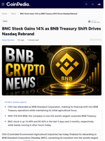 BNC Stock Gains 14% as BNB Treasury Shift Drives Nasdaq Rebrand