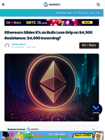Ethereum Slides 6% as Bulls Lose Grip on $4,500 Resistance; $4,000 Incoming?