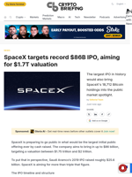 SpaceX targets record $86B IPO, aiming for $1.7T valuation