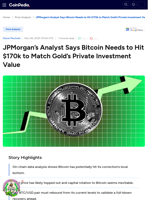 JPMorgan’s Analyst Says Bitcoin Needs to Hit $170k to Match Gold’s Private Investment Value