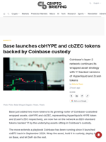 Base launches cbHYPE and cbZEC tokens backed by Coinbase custody