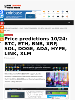 Price predictions 10/24: BTC, ETH, BNB, XRP, SOL, DOGE, ADA,
HYPE, LINK, XLM