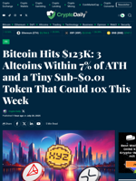 Bitcoin Hits $123K: 3 Altcoins Within 7% of ATH and a Tiny Sub‑$0.01 Token That Could 10x This Week - Crypto Daily