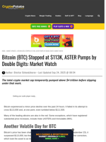 Bitcoin (BTC) Stopped at $113K, ASTER Pumps by Double Digits: Market Watch