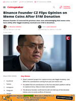 CZ Changes Tune on Meme Coins After $1M Donation