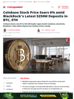 Coinbase Stock Price Soars 6% amid BlackRock’s Latest $250M Deposits in BTC, ETH - Coinspeaker