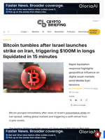 Bitcoin tumbles after Israel launches strike on Iran, triggering $100M in longs liquidated in 15 minutes