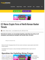 CZ Warns Crypto Firms of North Korean Hacker Threats