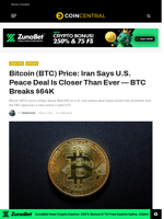 Bitcoin (BTC) Price: Iran Says U.S. Peace Deal Is Closer Than Ever — BTC Breaks $64K - CoinCentral
