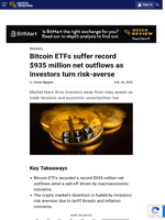 Bitcoin ETFs suffer record $935 million net outflows as investors turn risk-averse