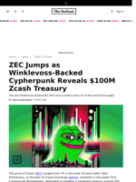 ZEC Jumps as Winklevoss‑Backed Cypherpunk Reveals $100M Zcash Treasury - 