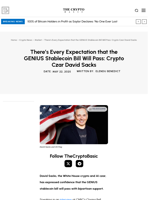 There’s Every Expectation that the GENIUS Stablecoin Bill Will Pass: Crypto Czar David Sacks