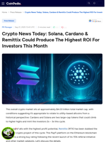Crypto News Today: Solana, Cardano & Remittix Could Produce The Highest ROI For Investors This Month