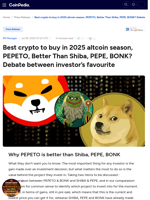 Best crypto to buy in 2025 altcoin season, PEPETO, Better Than Shiba, PEPE, BONK? Debate between investor’s favourite