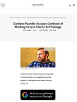 Cardano Founder Accuses Coinbase of Blocking Crypto Clarity Act Passage