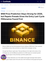 BNB Price Prediction Stays Strong for 2026, but Pepeto Presale Gives the Entry Last Cycle Millionaires Found First