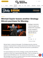 Michael Saylor teases another Strategy Bitcoin purchase for Monday