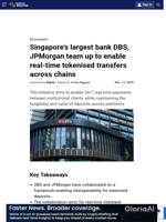 Singapore's largest bank DBS, JPMorgan team up to enable real-time tokenised transfers across chains