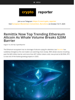 Remittix Now Top Trending Ethereum Altcoin As Whale Volume Breaks $20M Barrier