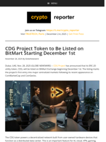 CDG Project Token to Be Listed on BitMart Starting December 1st