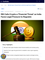 RBI Calls Crypto a ‘Financial Threat’ as India Faces Legal Pressure to Regulate