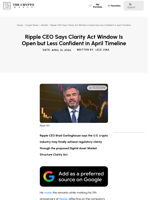Ripple CEO Says Clarity Act Window Is Open but Less Confident in April Timeline