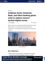 Goldman Sachs, Deutsche Bank, and other banking giants unite to explore reserve-backed digital money