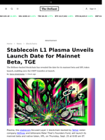 Stablecoin L1 Plasma Unveils Launch Date for Mainnet Beta, TGE - 