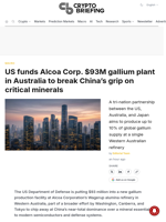 US funds Alcoa Corp. $93M gallium plant in Australia to break China's grip on critical minerals