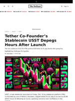 Tether Co-Founder’s Stablecoin USST Depegs Hours After Launch - 