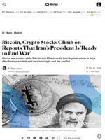 Bitcoin, Crypto Stocks Climb on Reports That Iran's President Is 'Ready to End War' - Decrypt