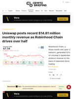 Uniswap posts record $14.81 million monthly revenue as Robinhood Chain drives over half